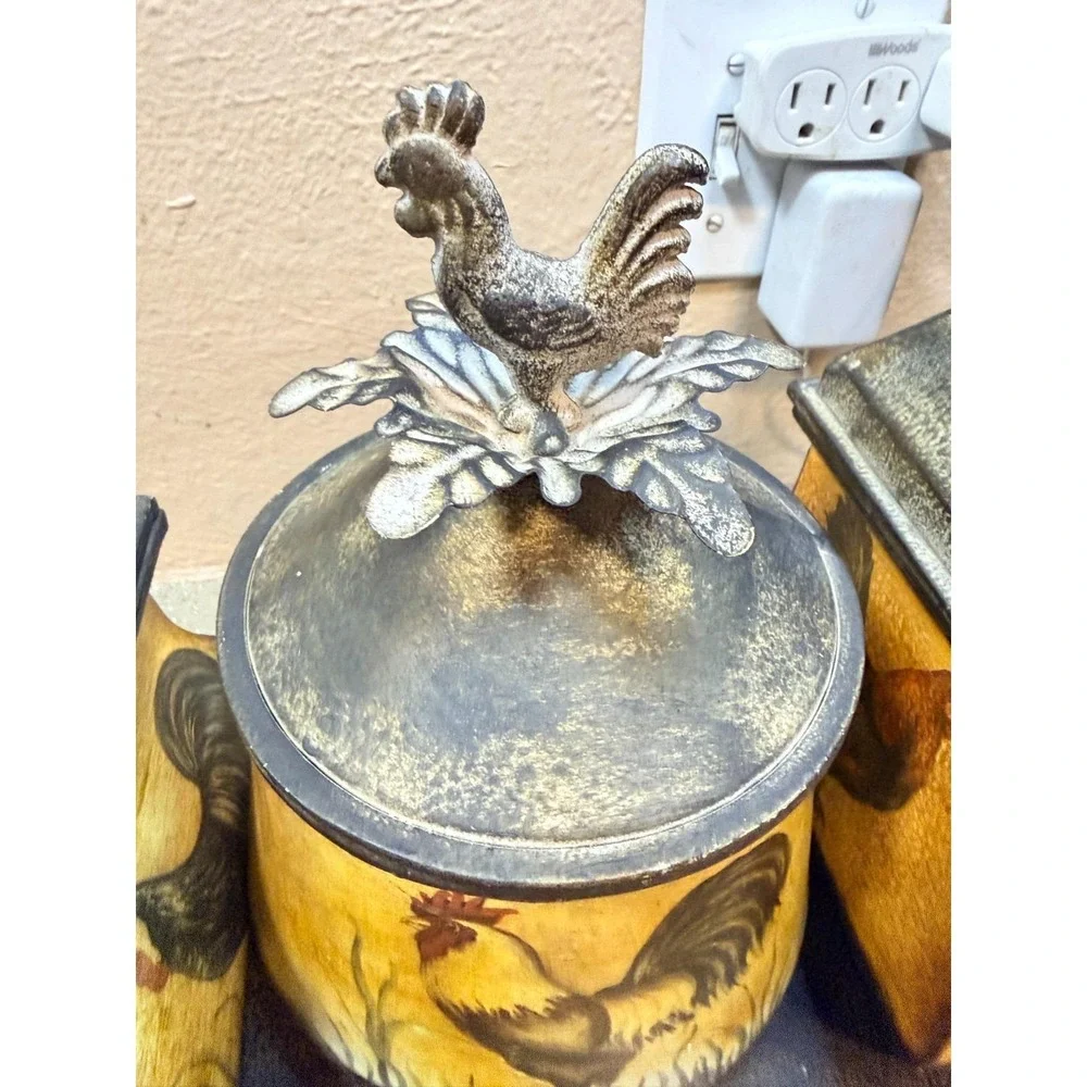 Vintage CBK Country Rustic‎ Kitchen Storage Canister Rooster Set w Tray 18x12x6